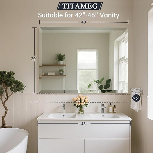 30x40 Inch Frameless Wall Mirror with 1" Beveled Edge, Frameless Rectangle Mirror for Bathroom, Vanity, Living Room