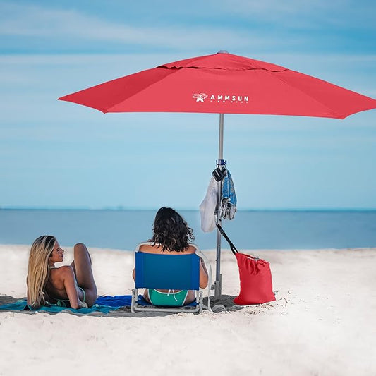 AMMSUN 8ft Large Beach Umbrellas for Sand Heavy Huty Wind Portable Commercial Grade Patio Beach Umbrella with Sand Anchor Adjustable Height Air Vent UPF 50+ Telescoping Pole without tilt Red