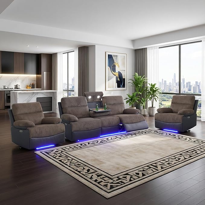 Power Corduroy Recliner Sofa Set with LED Light,Reclining Sofa and 2*Chairs Set with Coffee Table/USB Charger/Storage,Luxury Corduroy Couch for Living Room/Home Theater(3+1+1 Seats,Brown)