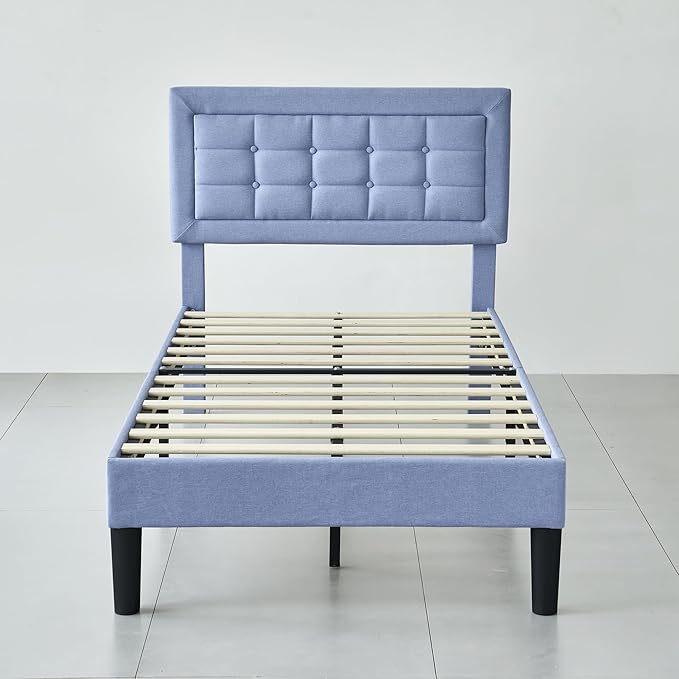 VECELO Twin Size Bed Frame with Adjustable Headboard, Upholstered Button Tufted Bedframe with Wood Slats Support, No Box Spring Needed, Light Blue