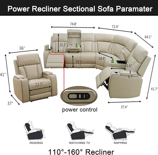 Power Reclining Sectional Sofa Set with LED, Living Room Furniture Sets, Leather Recliner Couch for Living Room/Home Theater, Sectional Couch and Chair with 3 Recliners, USB Port/Hide-Away Storage
