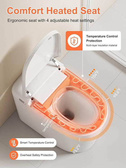 Smart Toilet with ADA Comfort Height Heated Seat, Night Light, Tankless Auto Toilet Flushing, Foot Sensor Operation, Modern Elongated One-Piece Toilet for Bathrooms