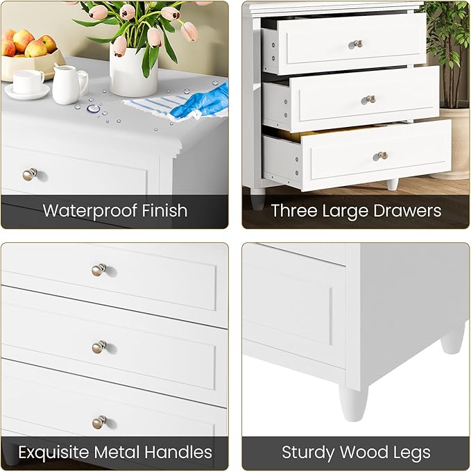 AWQM White Nightstand, 3 Drawer Night Stand, 22 Inch Wider Side Table with Storage, Rattan Boho Bedside Table, End Table for Bedroom, White