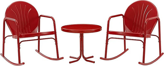 Crosley Furniture Griffith 3-Piece Outdoor Rocking Chair and Side Table Set, Retro Metal Bistro Patio Sets, Bright Red Gloss
