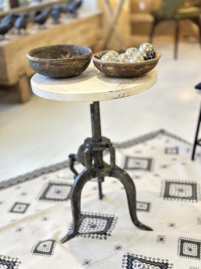NACH Solid Mango Wood/Cast Iron Kai Adjustable Crank Side Table, Rustic Black, 18" x 1.13" x 18-27", CC-1816RB