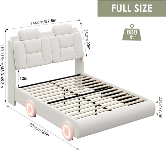 Keyluv Full Led Car Bed Frame with Wheels Decor & Adjustable Curved Headboard Modern Upholstered Platform Bed with Detachable Pillows Solid Wooden Slats Support No Box Spring Needed, Velvet Beige