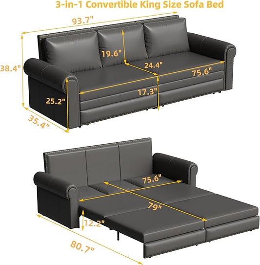 Eafurn 93.7" King Size Pull Out Sofa Bed, 3-in-1 Convertible Sleeper Sofa Couch Bed with Nailhead Decor and Rolled Arms, Faux Leather Oversized Chesterfield Loveseat Chaise Lounge