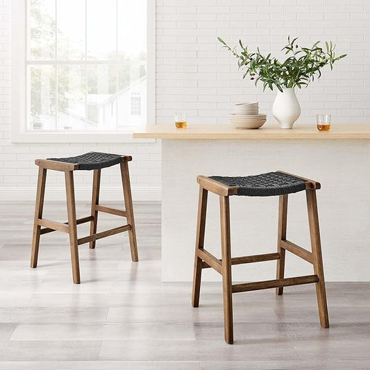 Modway Saoirse Woven Rope Wood Counter Stool - Set of 2 in Walnut Black