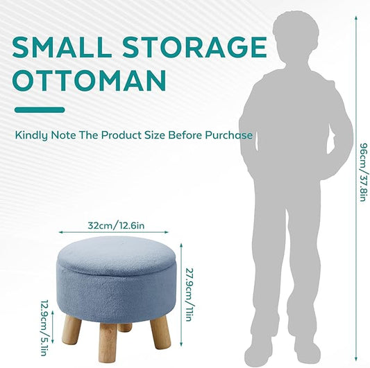 Small Foot Stool Ottoman with Storage, Soft Faux Fur Ottoman Foot Rest for Couch, Round Footstool with Storage, Small Ottomans and Footstools for Living Room and Entryway (Light Blue)