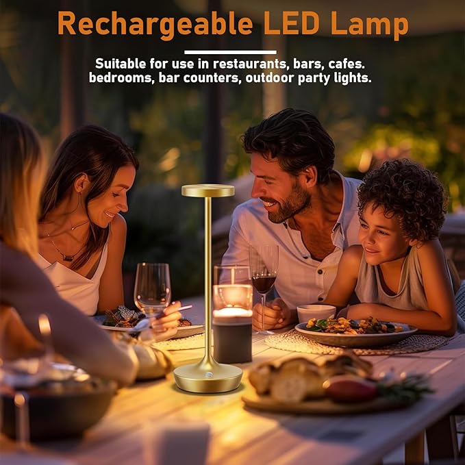 LED Cordless Table Lamp Rechargeable,Outdoor Battery Operated Desk Lamp Touch 3 Color Dimming Portable Waterproof Night Light for Patio/Restaurant/Dining/Home (Gold)