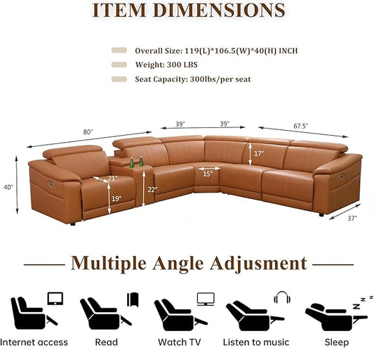Power Recliner Sectional Sofa, L-Shaped Living Room Furniture Set, Light Brown Leather Sofa, Reclining Sectional Couch with Storage Console/Cup Holder for Living Room/House/Apt