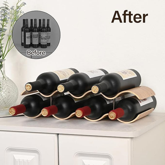 Countertop Wine Rack - 7 Bottle Freestanding Wine Bottle Holder Stand - 2 Tier Wooden Wine Storage Rack - Wavy Wine Organizer for Cabinet Pantry Home Kitchen Bar