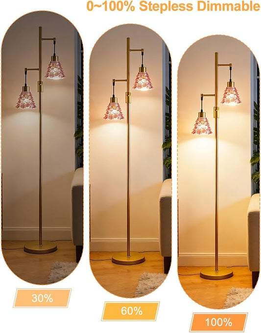 Lightdot 65IN Glass Floor Lamp for Living Room, 2- Light Gold Floor Lamps with Rose Red Glass Shade& 3000K Warm White Bulbs, Modern Standing Tall Lamp for Bedroom/Corner Beside/Home Decor