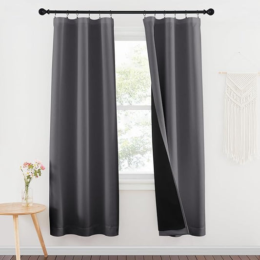 NICETOWN 100% Blackout Window Curtain Panels, Rod Pocket Full Light Blocking Drapes with Black Liner for Nursery, 72 inches Drop Thermal Insulated Draperies (Grey, 2 Pieces, 37 inches Wide Per Panel)