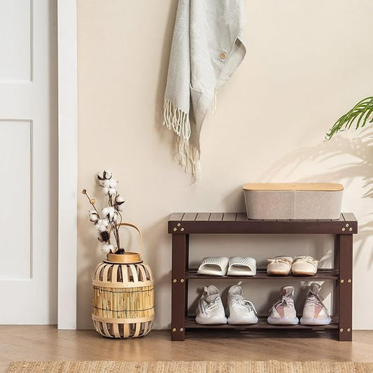 Apicizon Bamboo Shoe Rack for Entryway, 3-Tier Shoe Rack Bench for Front Indoor Entrance, Small Shoe Organizer with Storage, Dark Brown