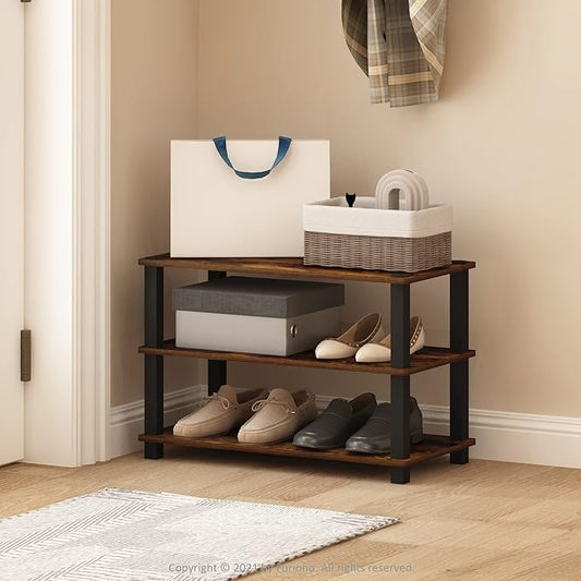 Furinno Turn-S-Tube 3-Tier Shoe Rack, Dark Cherry/Black