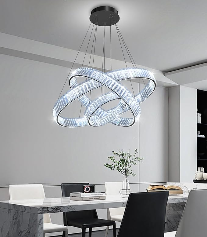 24''+16''+8'' Modern Ring Chandelier Crystal Chandeliers for Dining Room Round LED Dimmable Ceiling Light Fixture for Living Room Bedroom Lighting Black