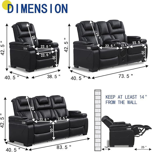 THSUPER Power Breathable Leather Reclining Sofa Set with 7-Color LED Light, Living Room Recliner Couch with Adjustable Headrest/Reading Light/USB Port/Wireless Charing/Bluetooth Speaker, Black