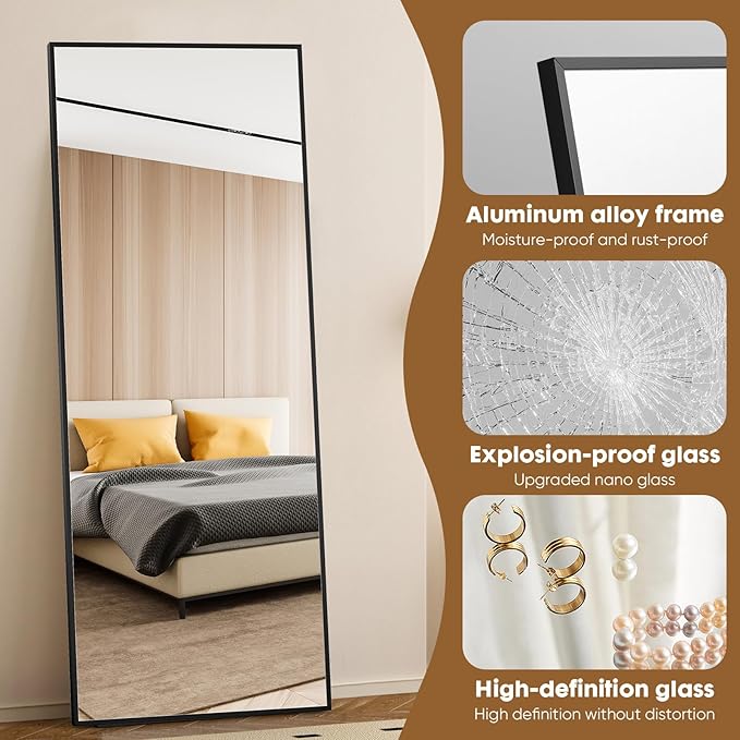 OLIXIS Full Length Mirror 71.1"x25.5" for Bedroom, Full Body Mirror with Stand, Hanging or Leaning for Wall, Aluminum Alloy Thin Frame Floor Standing for Living Room, Long, Deep Black