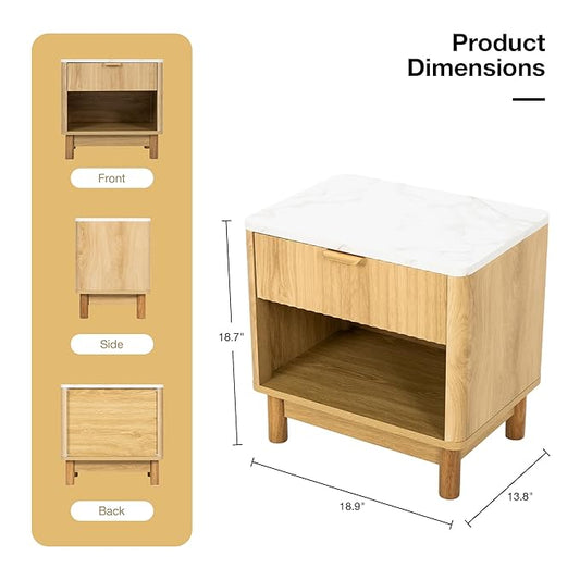 Fluted Dresser with Drawer, Modern Side Table with Faux Marble Top, Natural