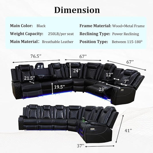 Power Recliner Sectional Sofa with LED, Breathing Leather Reclining Sectional Couch, L Shaped Couch with Dual Recliners, USB Port, Cup Holder&Storage for Living Room (Black)