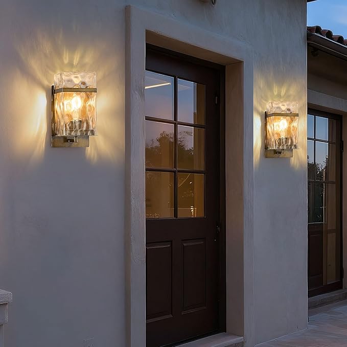 Outdoor Wall Light, Vintage Gold Exterior Waterproof Lanterns,Porch Sconces Wall Mounted Lighting with E26 Sockets & Glass Shades, for Garage,Doorway,Patio,Front Door