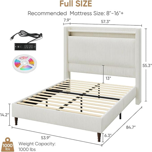 Full Size Bed Frame with Tall Headboard, 55.3" Corduroy Upholstered Platform Bedframe with LED Lights & Charging Station, Cream Full Beds, Wingback Storage Headboard, No Box Spring Needed, Wood Slats