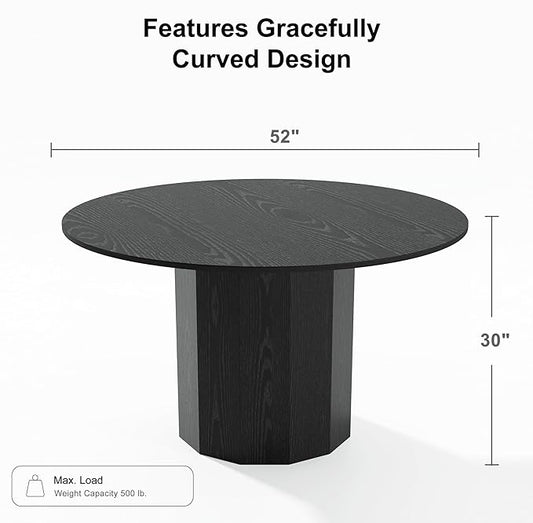 Casaphoria 52" Round Dining Table, Modern Wood Kitchen Table with Cylinder Polygonal Base for Living Room & Dining Room, Easy Assembly Farmhouse Furniture for 4-6, Black