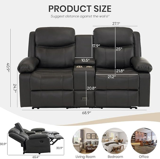 Reclining Loveseat Sofa with Massage & Heat, Recliner Couch, RV Love Seat Chair, Side Pockets, Extra Storage, Cup Holders, Adjustable Headrest & USB Ports for RV, Home Theater, Living Room