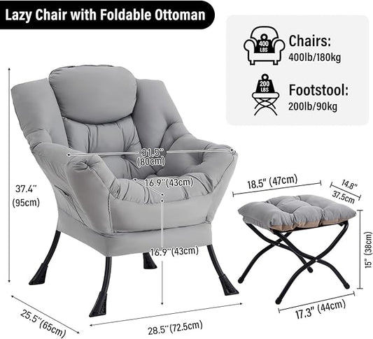 Lazy Chair with Ottoman, Modern Accent Chair with Folding Footrest, Light Grey Sofa Chair Set, Comfortable Reading Chairs, Oversized Armchairs for Bedroom, Study, Living Room, Courtyard