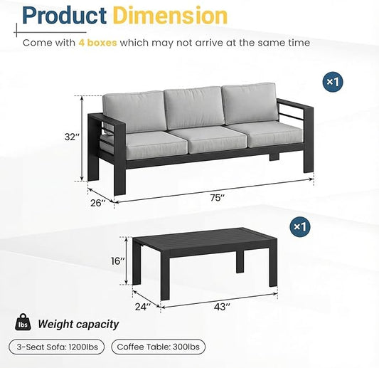 Solaste Aluminum Patio Furniture Set for All Weather, Oversized Metal Outdoor Furniture Set with 27.5" Deep Seating and 3.2" Wide Armrest, Outdoor Patio Conversation Sets with 10" Back Suport Cushion