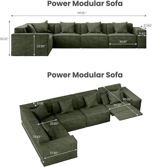 141" Power Sofa L-Shaped Couch,Modular Sectional Couches for Living Room,Modern Large Sofa with Recliners,Comfy Velvet Cloud Couch with Deep Seat,Pet Friendly for Home Office(Green)