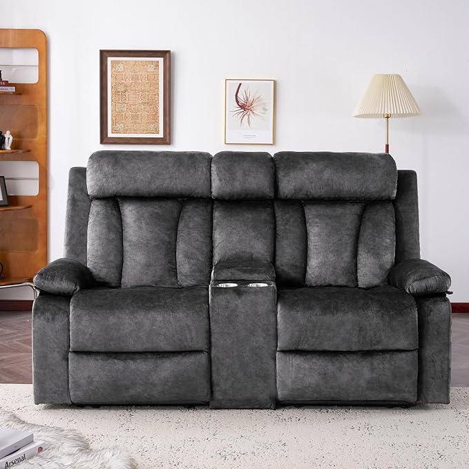 Power Reclining Loveseat with Console, Electric Double Recliner with USB/Type C/Side Pocket/Cup Holders, RV Recliners Wall Hugger Reclining Loveseat for Living Room & RV & Home Theater