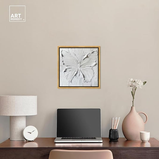 Art Remedy White Butterfly Canvas Elegant White Gold Wall Art, Gold Frame, 16" x 16"