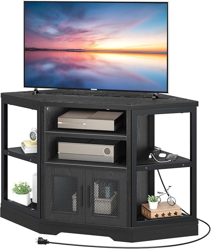 YITAHOME Corner TV Stand for TVs up to 50 Inch with Power Outlet, Modern Farmhouse Entertainment Center, Wood TV Media Console with Storage Cabinets Shelves for Living Room, 47" Black