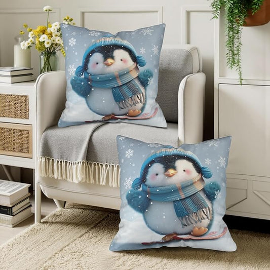 Winter Pillow Covers 22x22 Set of 2 Adorable Skiing Penguins Throw Pillow Covers Snowflakes Pillow Case Double Sided Printing Cushion Case for Home Decor Couch Sofa