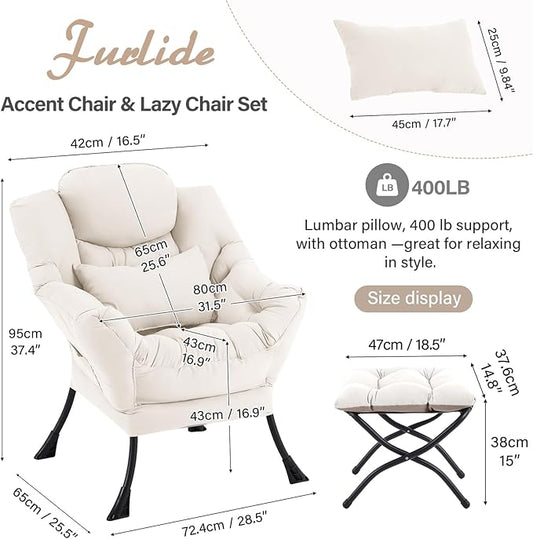 Lazy Chair with Ottoman, Comfy Fabric Accent Lounge Arm Chair with Lumbar Pillow and Folding Footrest, Reading Leisure Sofa Chair for Bedroom, Living Room, Dorm,Beige