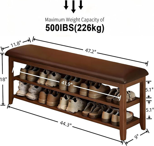 Shoe Bench Storage with Leather Cushion, Rustic Solid Wood Entryway Bench with 2 Height-Adjustable and Removable Shelves for Hallway, Living Room, Mudrooms (Dark Brown,47.2")