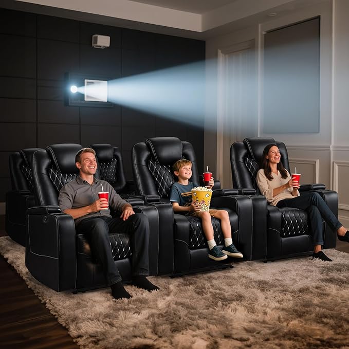 ANJ Power Recliner Chair with USB Ports and Cup Holders - Overstuffed Electric Home Theater Seating PU Leather Reclining Furniture with Hidden Arm Storage, Easy to Clean ,Black