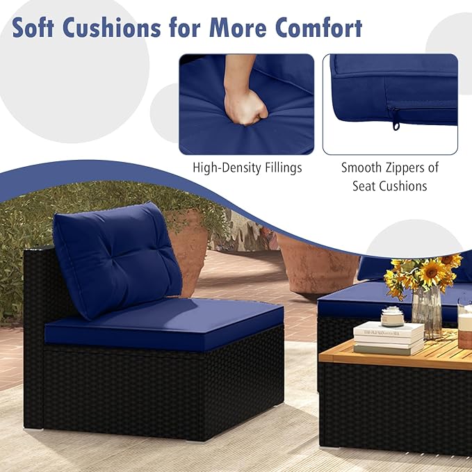 Tangkula 5 Piece Rattan Sofa Set, Outdoor Wicker Furniture Set w/Seat & Back Cushions, Square Coffee Table, Patio Sofa Set for Backyard, Poolside (Navy)