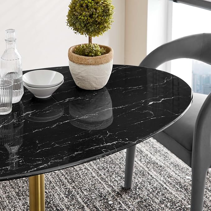 Modway Lippa Oval 54" Artificial Marble Mid-Century Modern Dining Table, Gold Black