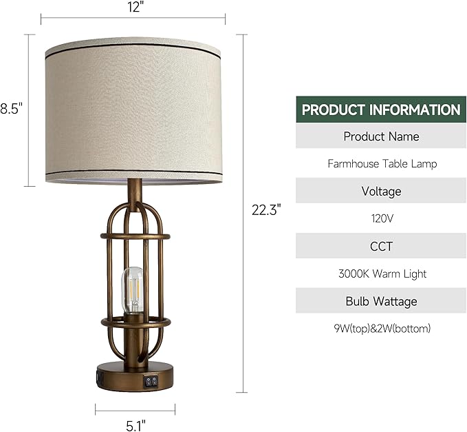 Table Lamps for Living Room Set of 2, 22.3" Farmhouse Lamps for Nightstand, Industrial Table Lamps for Bedroom with USB Ports