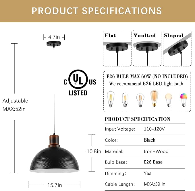 2 Pack Solid Wood Pendant Lights,16" Hammered Metal Black Finish Hanging Lighting Modern Lamp Industrial Dome Ceiling Light Fixtures for Kitchen Island Farmhouse Dining Room