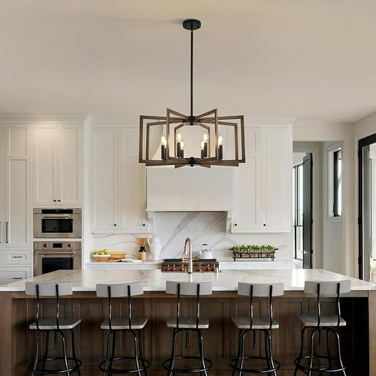 8-Light Metal Geometric Chandelier,Large Kitchen Pendant Lighting Over Island,Farmhouse Dining Room Light Fixture,Wood Grain Finish and Black Modern Chandelier