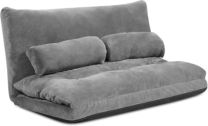 Giantex Adjustable Floor Sofa Couch with 2 Pillows, Multi-Functional 6-Position Foldable Lazy Sofa Sleeper Bed, Multi-Functional Suede Floor Seating Sofa for Reading Gaming (Gray)