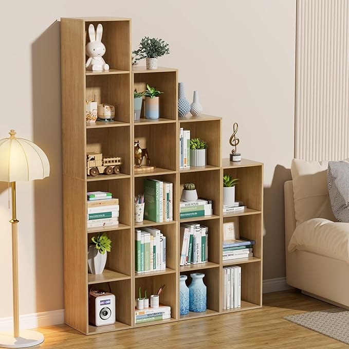 4 Tier Bookshelf, Freestanding Corner Storage Shelve Book Case for Narrow Space, 4 Cube Storage Organizer Small Bookcase for Home Office Living Room (Oak, 4 Cube)
