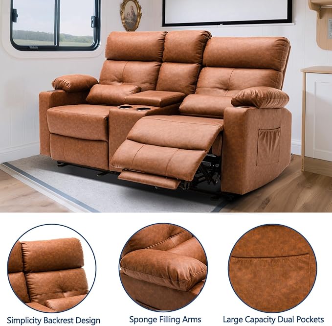 68'' RV Power Reclining Loveseat with Heat and Massage| RV Loveseat Recliner Sofa with Console| Double Reclining Couch with Cup Holder | Loveseat ReclinerTheater Seating(PU, Brown)