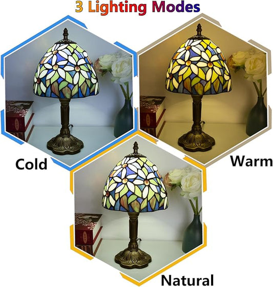 Crefotu Tiffany Style Table Lamp, 3 Color Temperatures Bedside Lamp, 8 Inch Stained Glass Desk Light for Home Office Bedroom Living Room (White Petal Pattern)