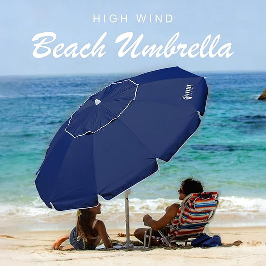 AMMSUN 8 Feet Large Beach Umbrella with Sand Anchor Heavy Duty High Wind Portable Outdoor Umbrellas UV 50+ Protection Air Vent Tilt Patio Garden Pool