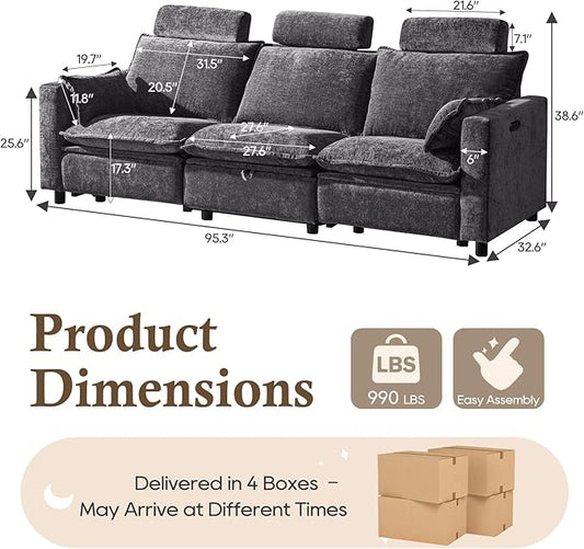 3-Seat Power Reclining Sofa with Under-Seat Storage, USB Ports, Chenille Upholstery, Removable Headrests & Throw Pillows, Power Reclining Couch for Living Room (Grey)